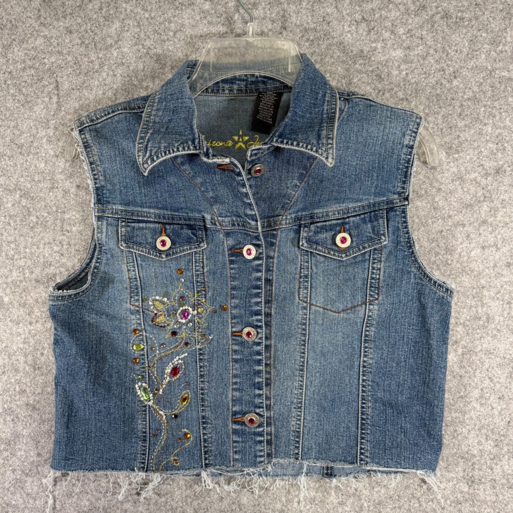 Arizona Jean Co Denim Vest Kids Large Blue Embellished Rhinestone Frayed Hem